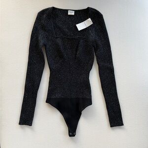 Abercrombie and Fitch Black Metallic Long Sleeve Bodysuit - Small